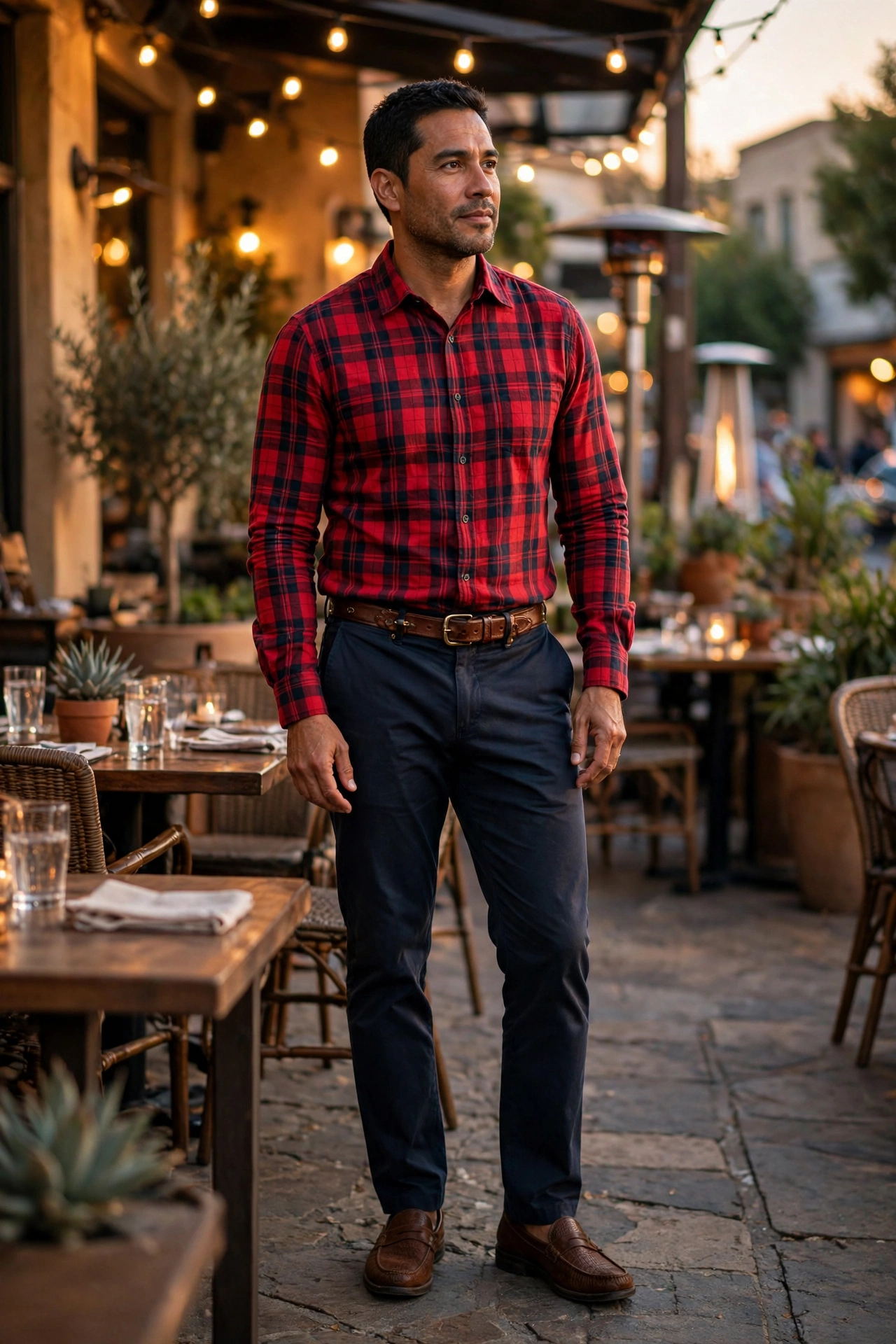 Red flannel tucked smart casual