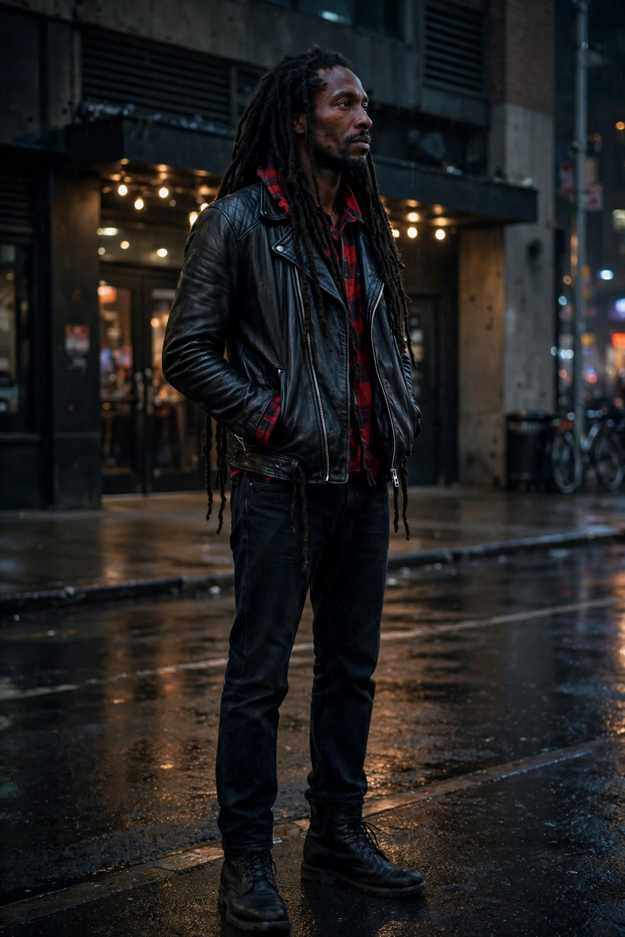 Red flannel with leather jacket