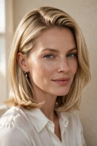 Blonde woman with a sleek deep-side-part lob in soft window light