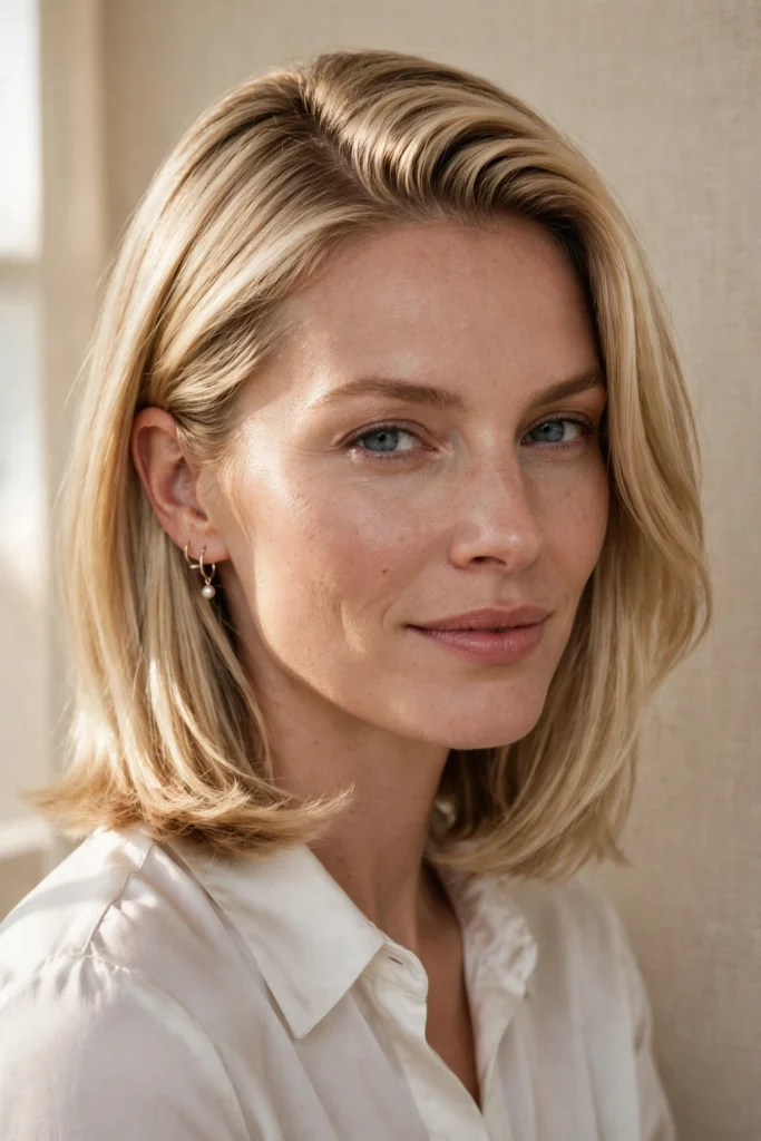 Blonde woman with a sleek deep-side-part lob in soft window light