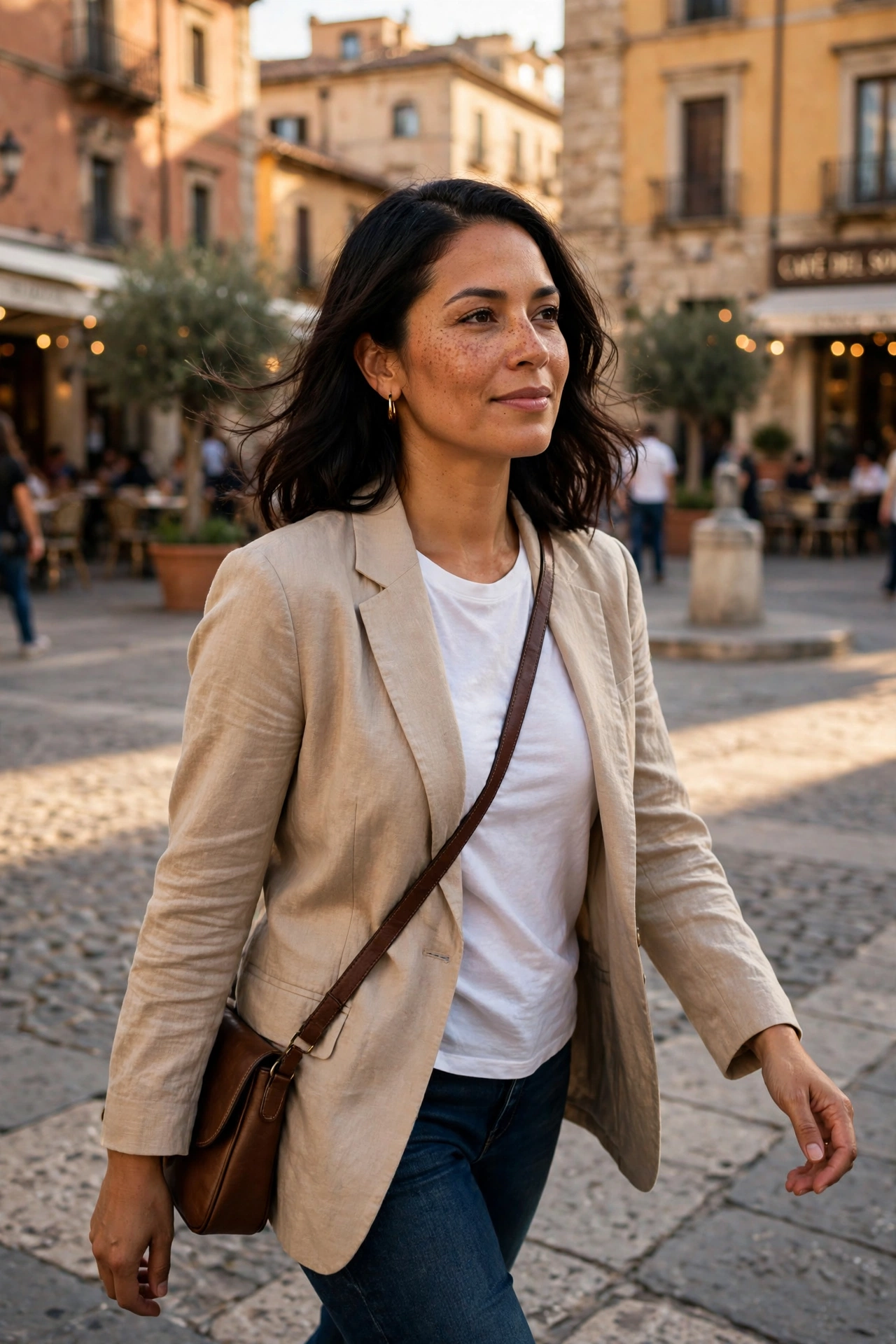 Latina woman with a long dark lob and deep side part in a sunlit city plaza