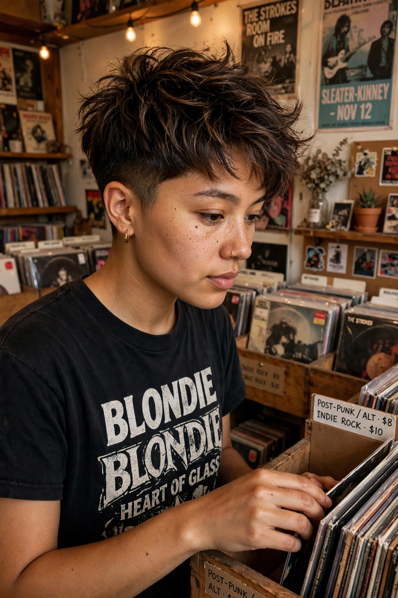 Mixed-race young woman with a textured bixie at a record store
