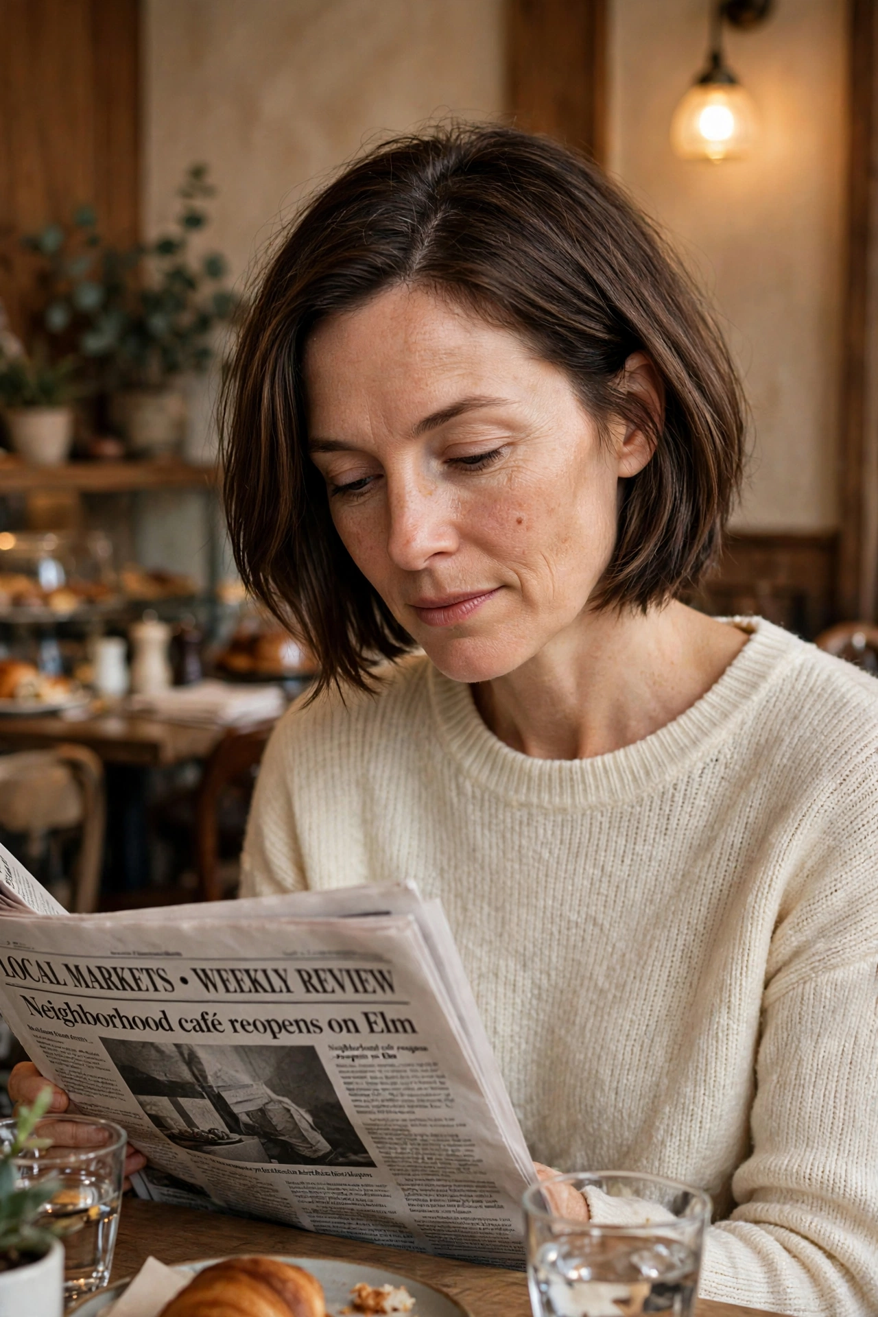 Woman in her 40s with a relaxed brunette boyfriend bob reading in a cafe