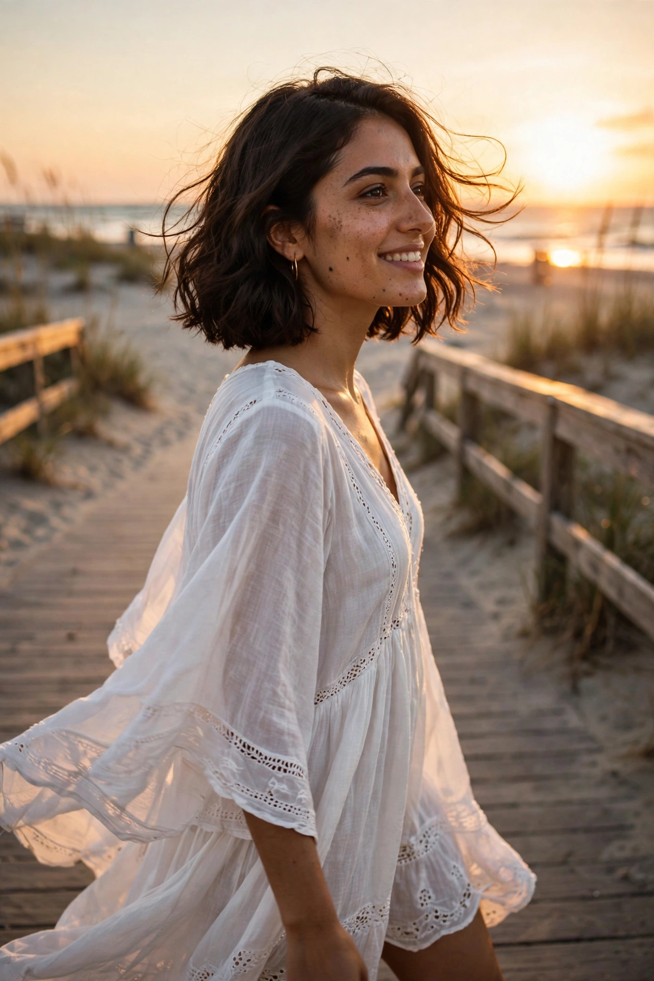 Middle Eastern woman in her 20s with a wavy off-center bob on a beach boardwalk
