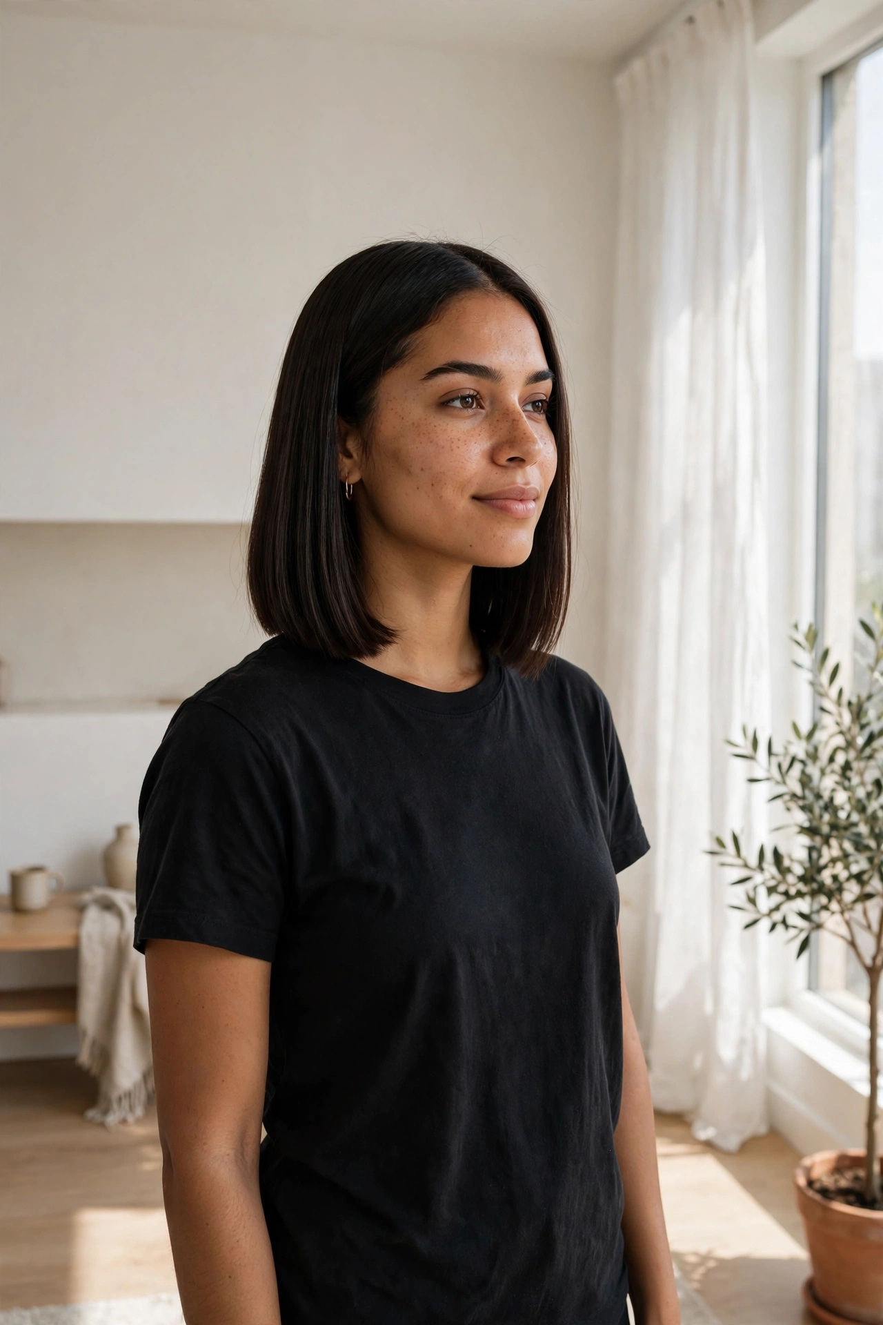 Latina woman in her 20s with a long blunt bob in a minimalist apartment