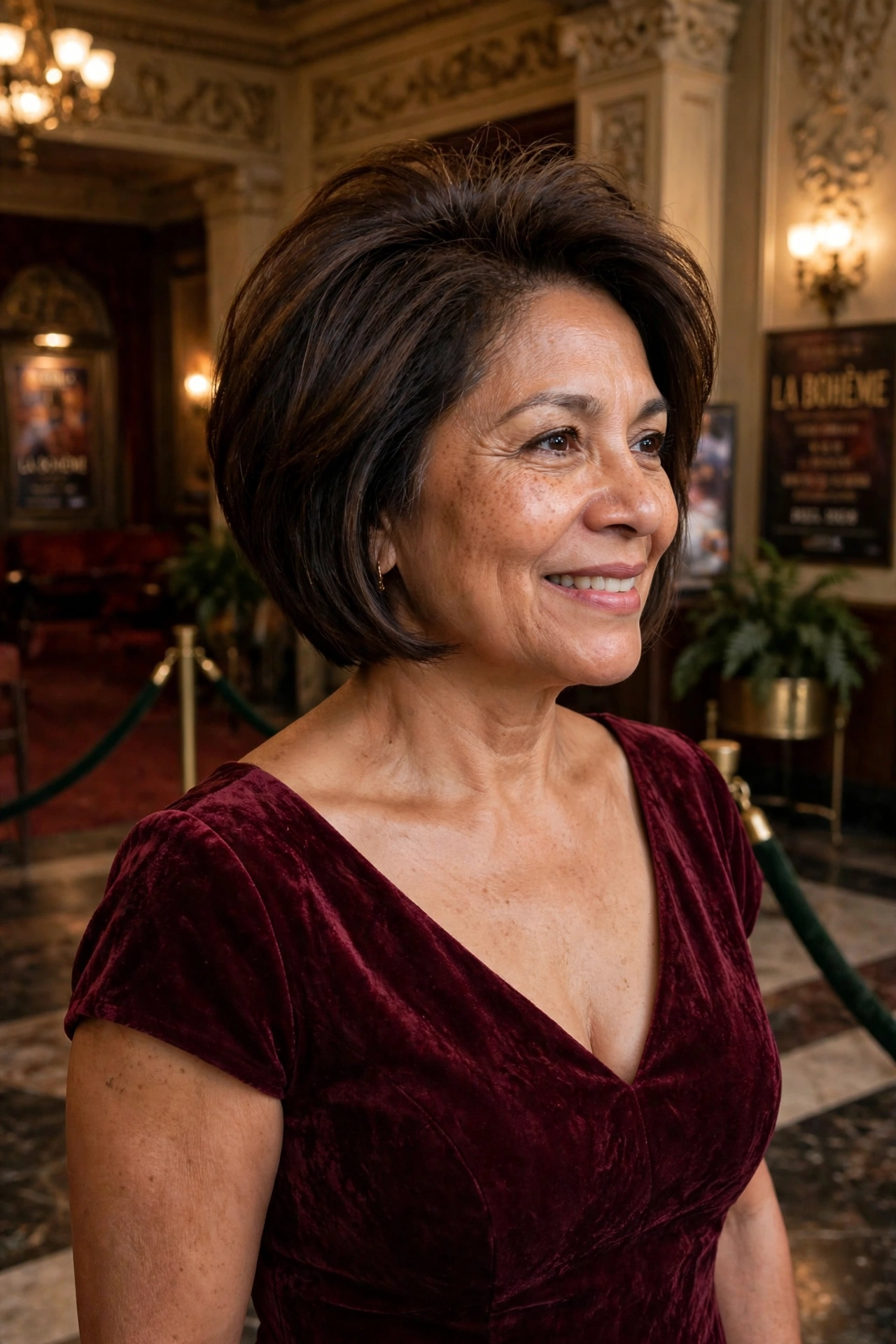Latina woman in her 50s with a stacked crown-volume bob in a theater lobby