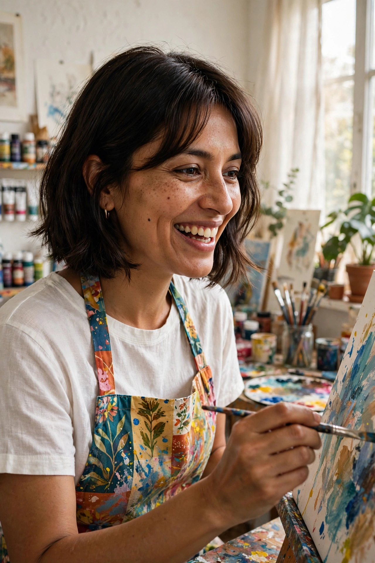 South Asian woman in her 30s with an off-center curtain bang bob in an art studio
