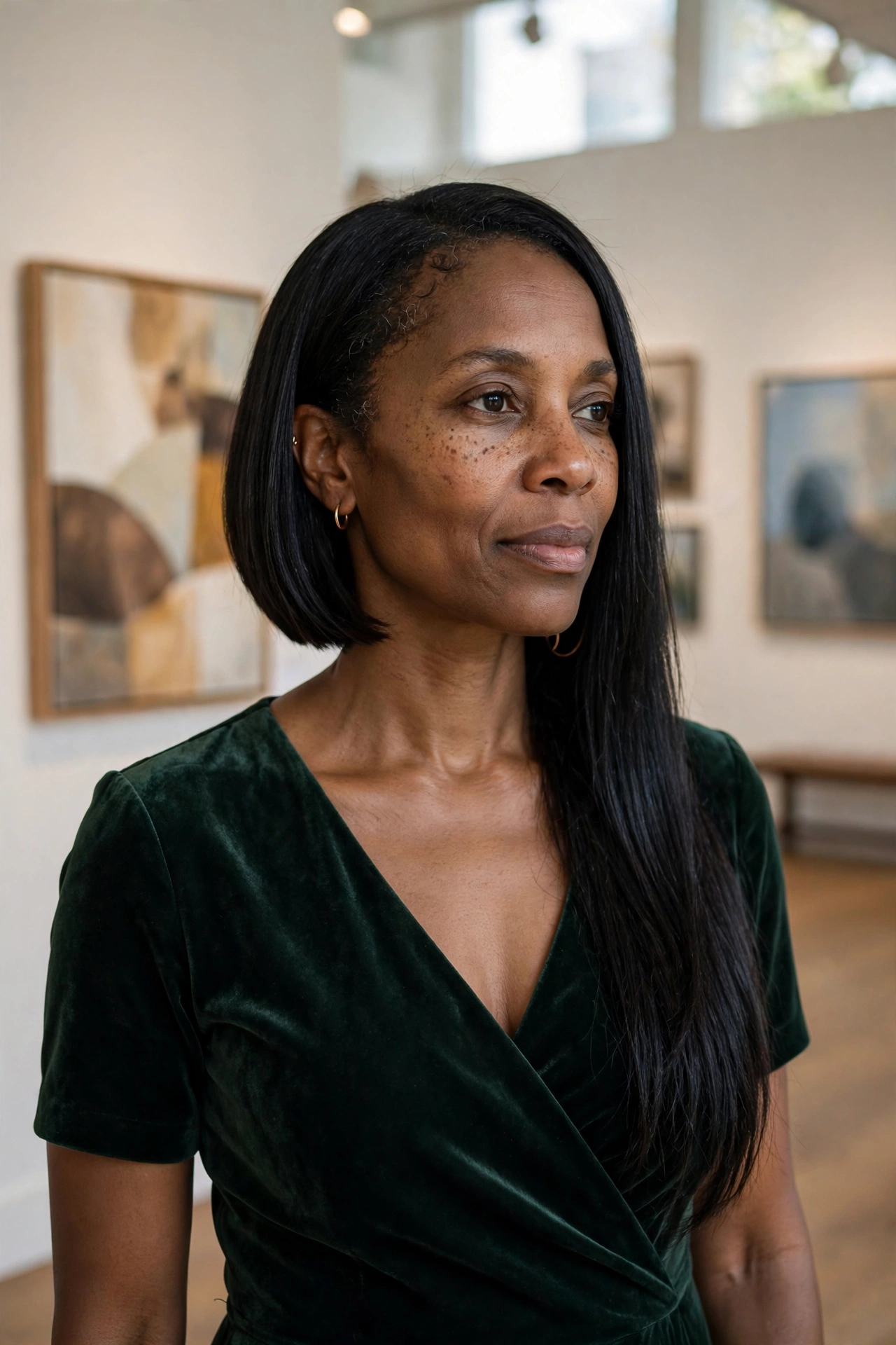 Black woman in her 40s with a sleek asymmetrical bob in an art gallery