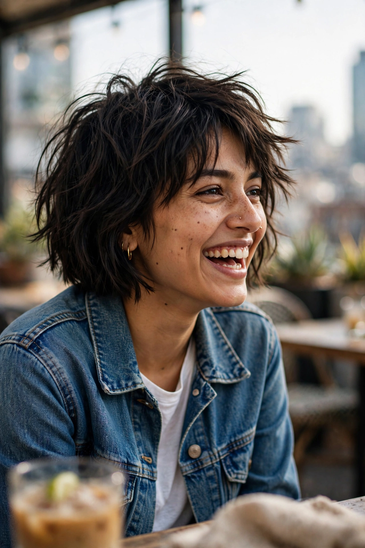 Young South Asian woman with a textured shaggy bob at a rooftop cafe