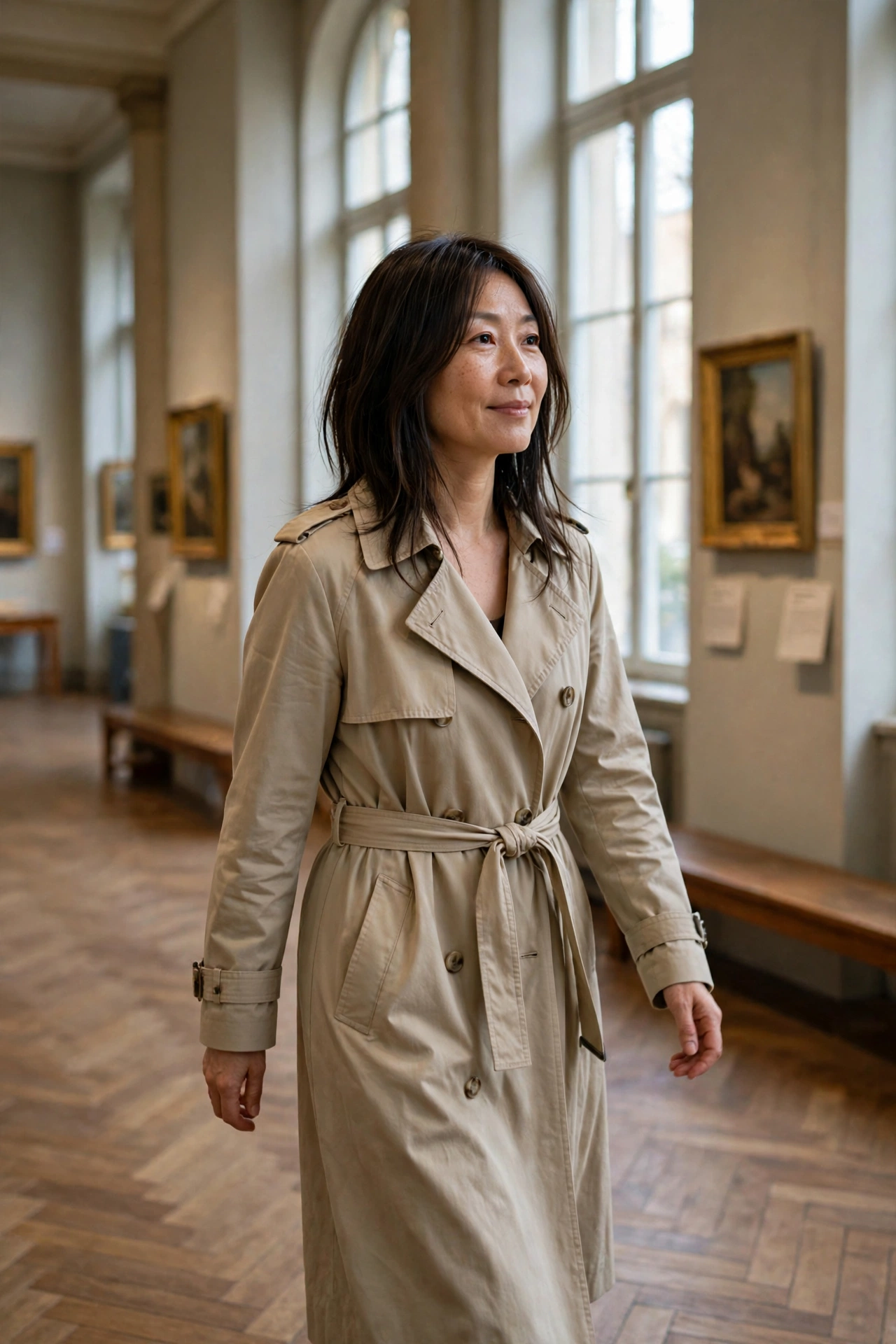 East Asian woman in her 40s with a layered face-framing bob in a museum hallway