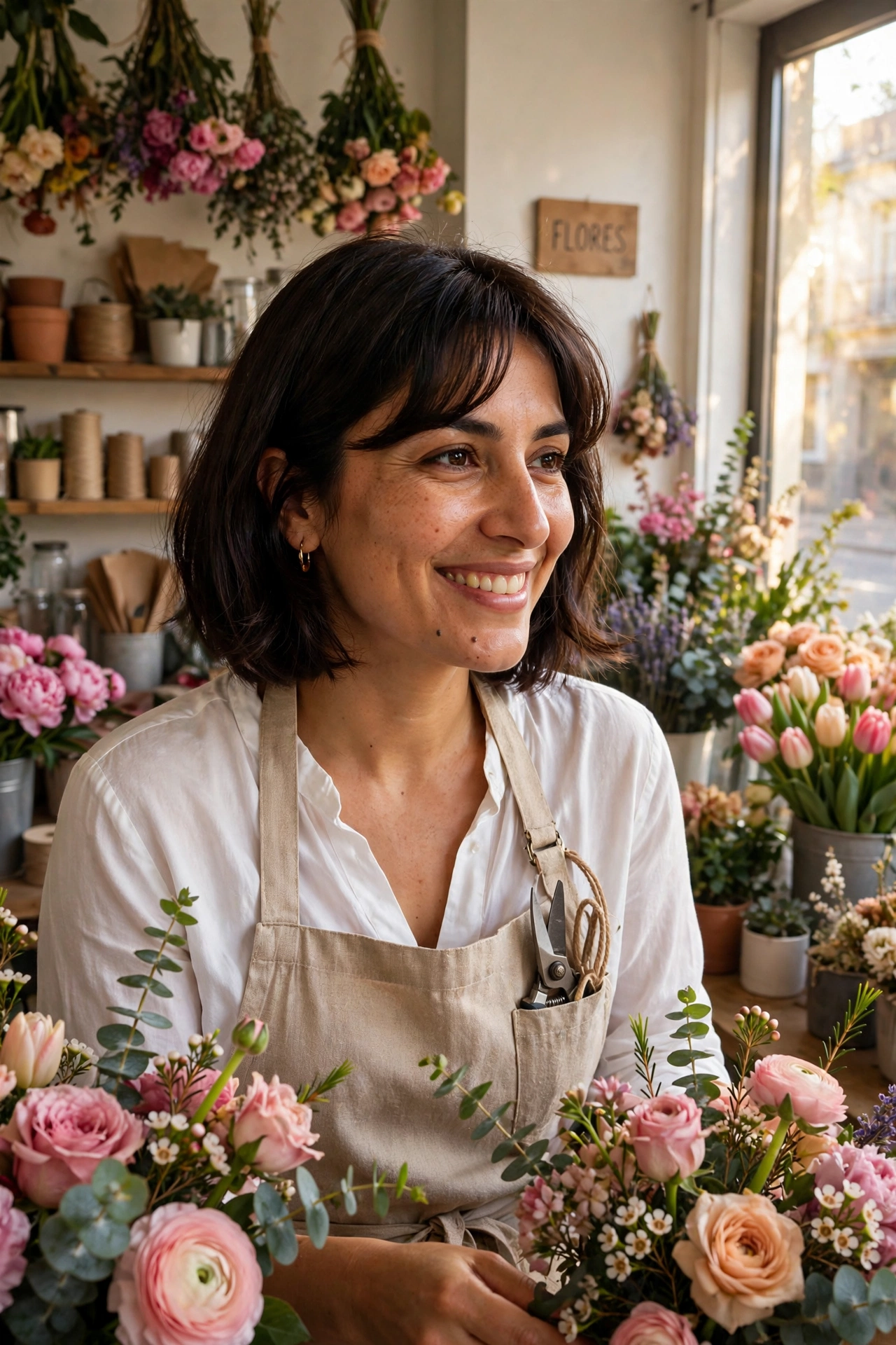 Middle Eastern woman in her 30s with a side-swept fringe bob at a flower shop