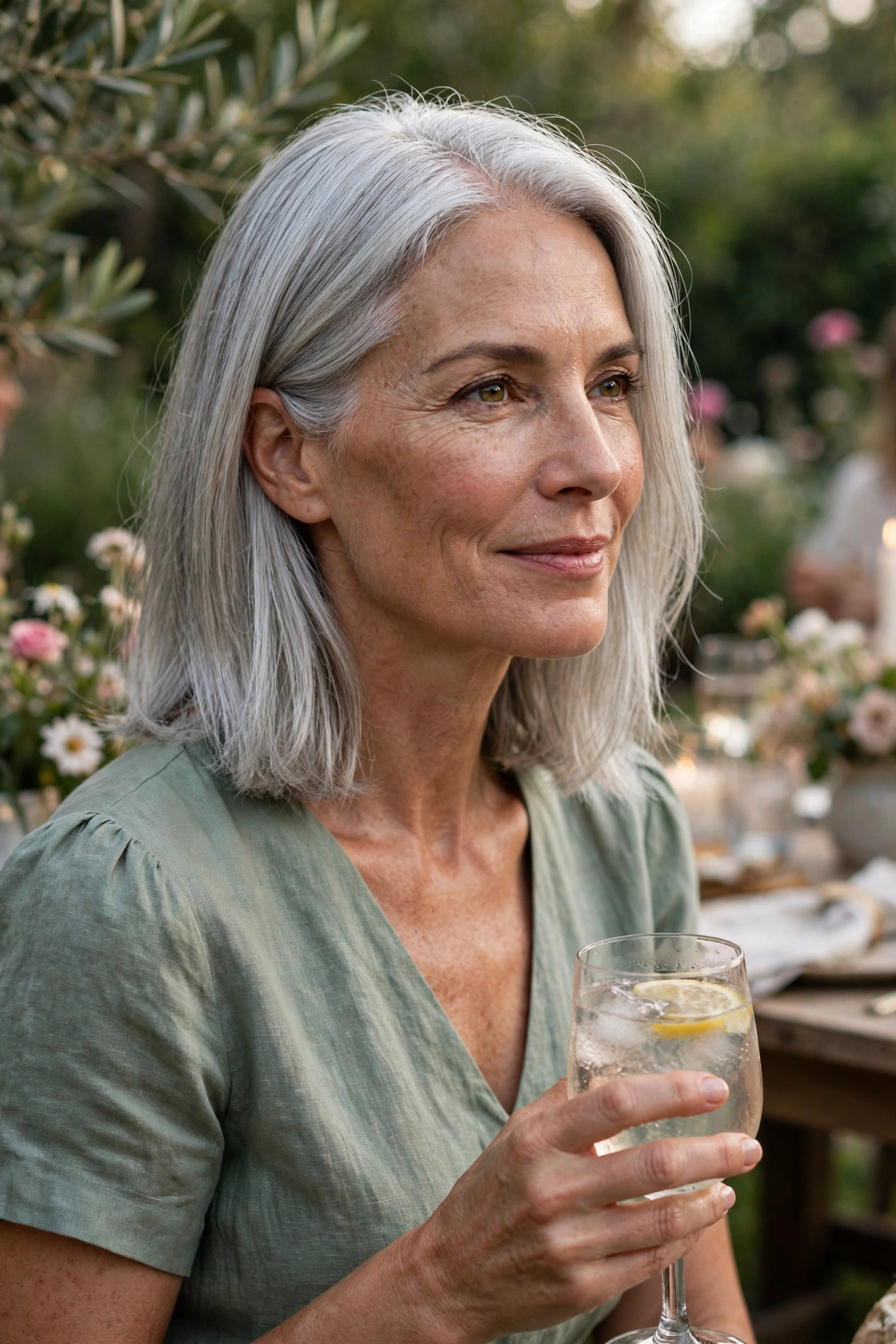 Woman in her 50s with a sleek silver collarbone lob at a garden party