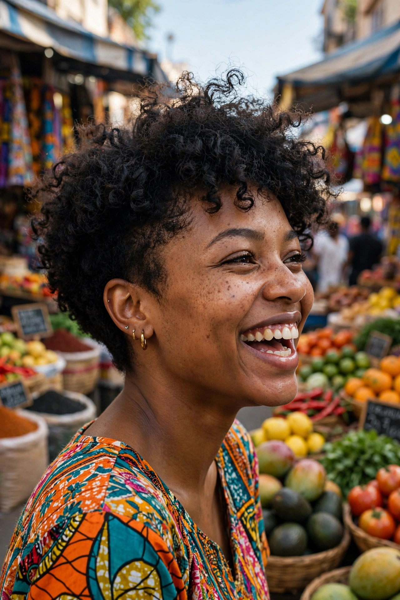 Young Black woman with a curly bob with crown volume at a street market
