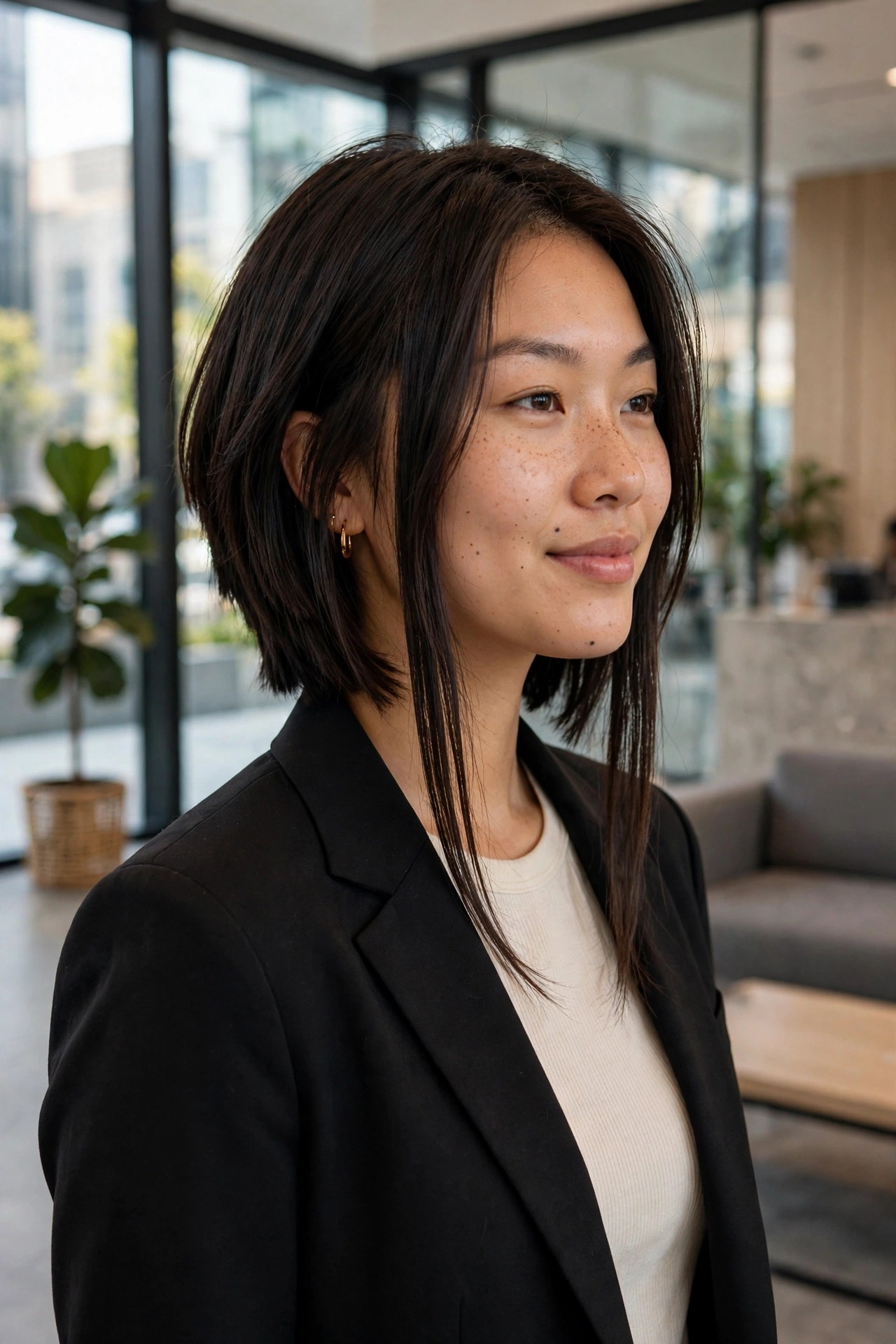 Asian-American woman in her 20s with an A-line bob in a modern office lobby