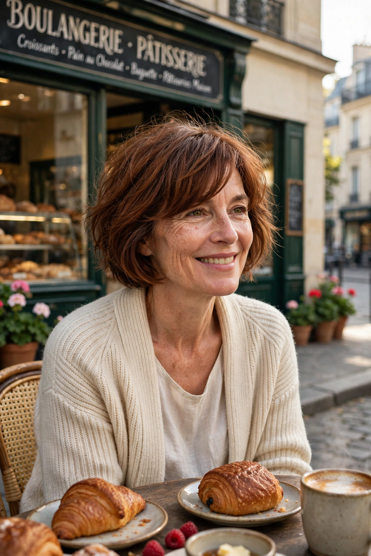 Woman in her 50s with an auburn French bob and side fringe at a Parisian bakery
