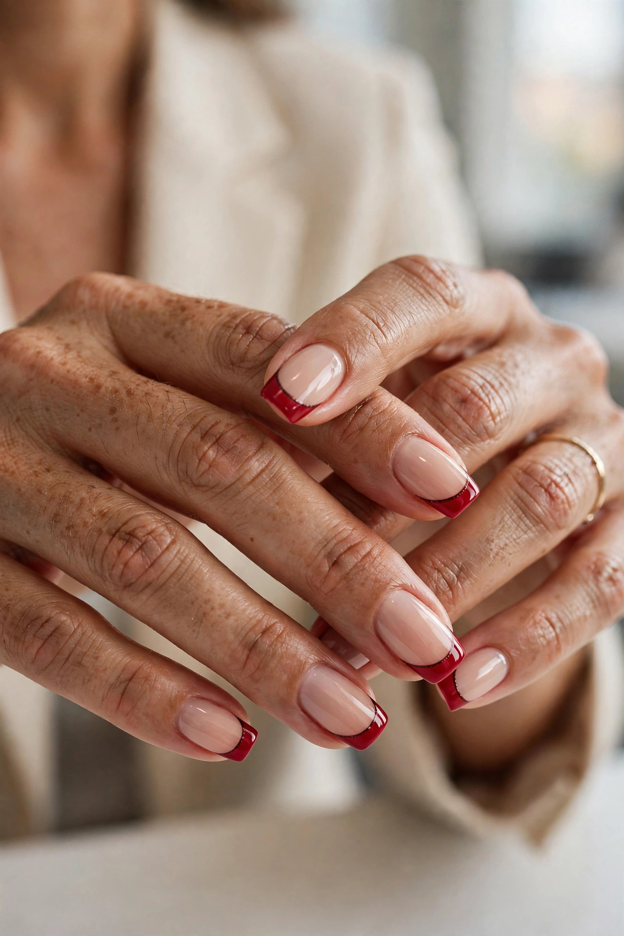 Two-tone red tip nails