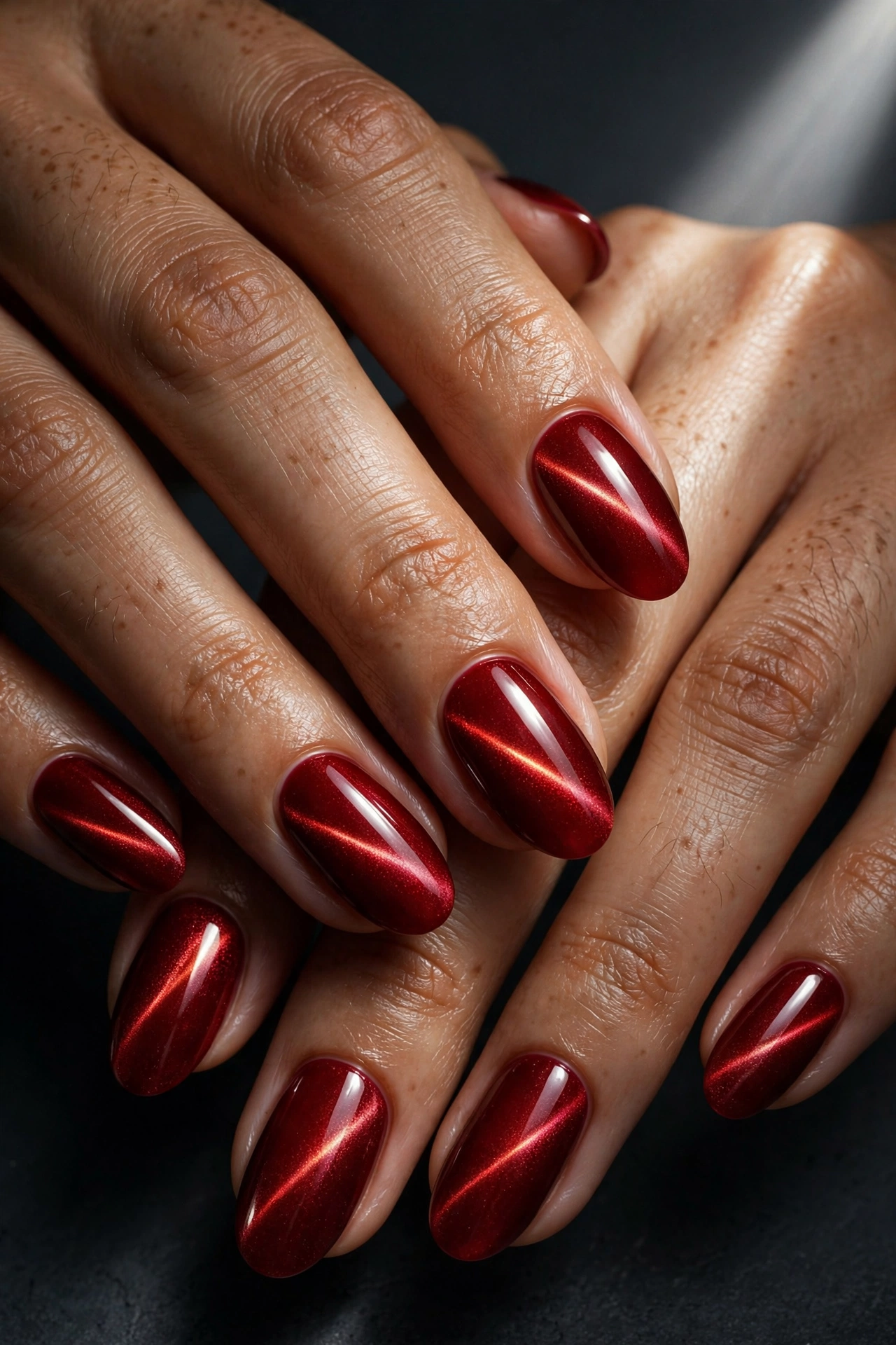 Red cat-eye magnetic stripe nails