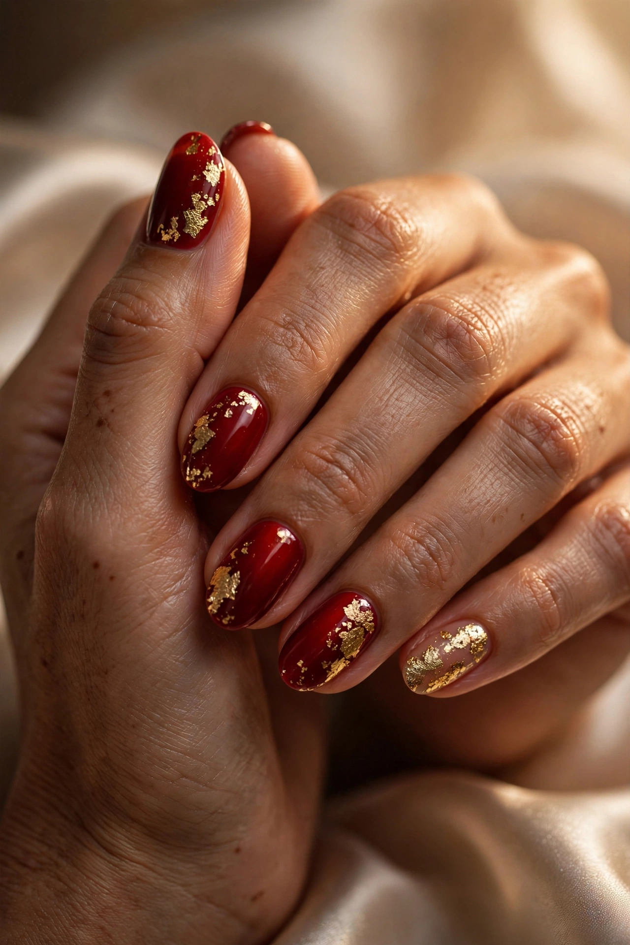 Red nails with gold accents