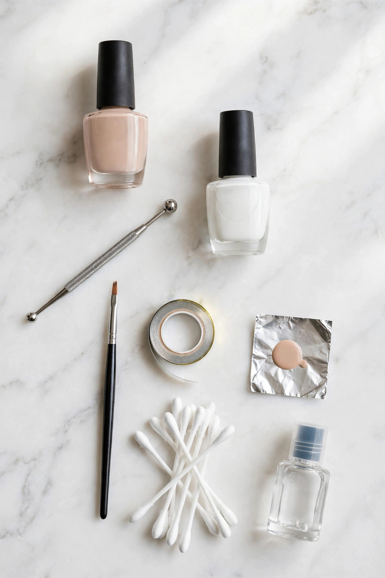Flat lay of beginner minimalist nail art supplies: nude and white polishes, a dotting tool, a fine striping brush, striping tape, and a foil palette on a bright table