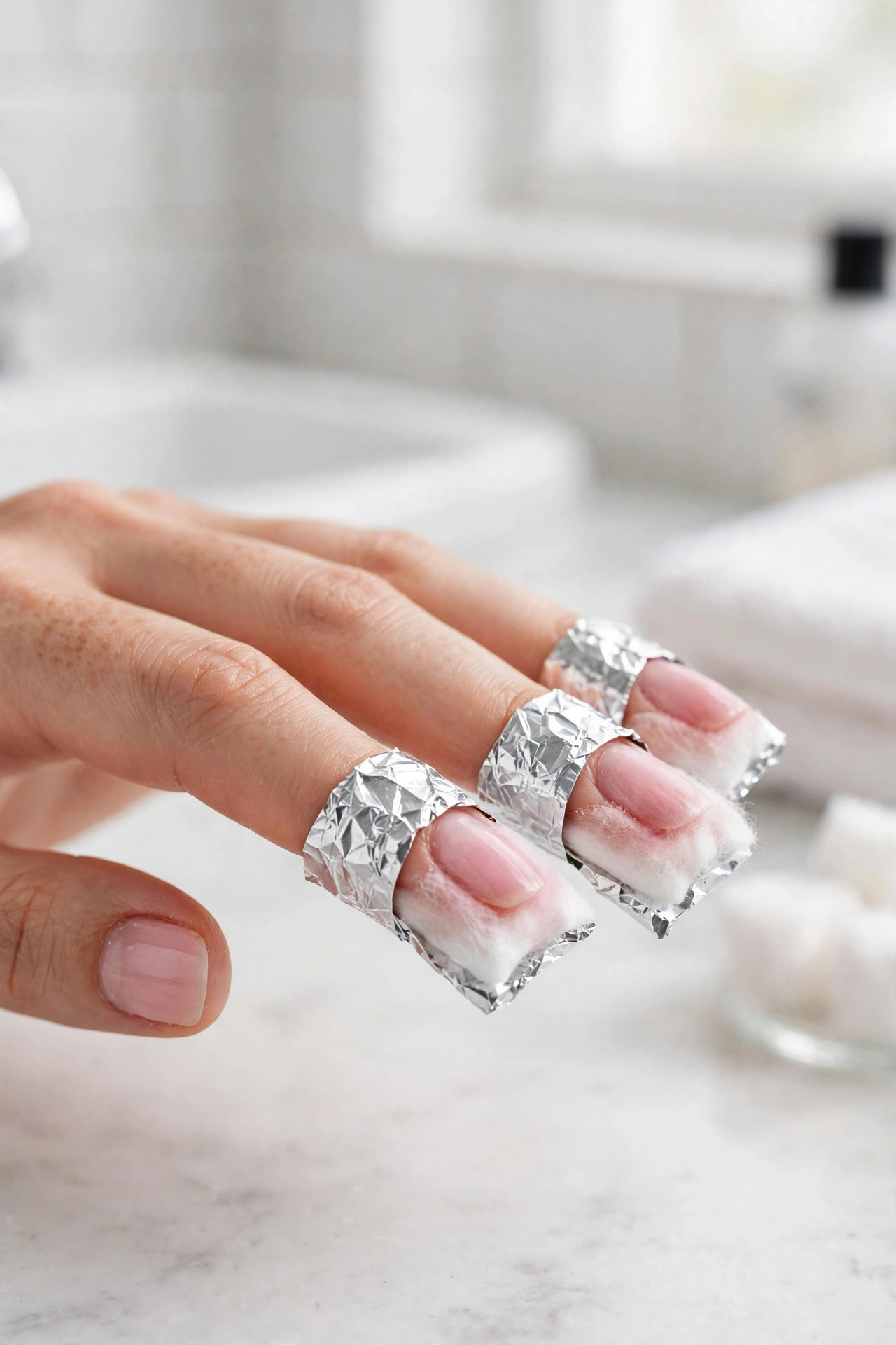Fingers wrapped in foil with acetone-soaked cotton pads during nail polish removal