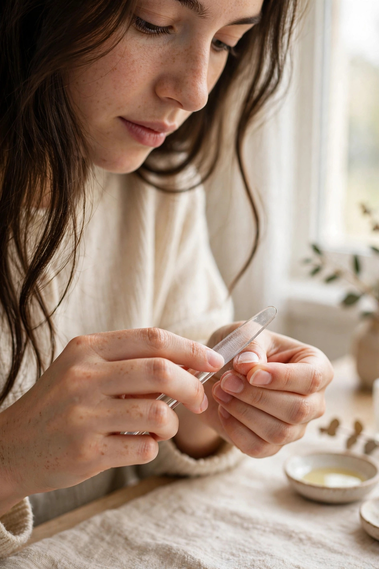 Woman shaping her natural nails with a glass nail file in bright natural window light