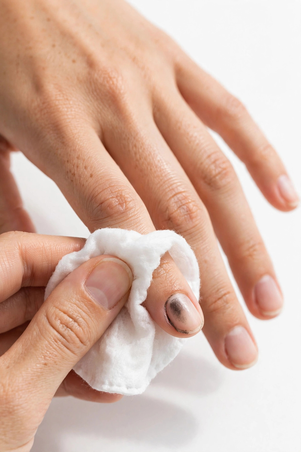 Dark nail polish stain being gently wiped with remover-soaked cotton pad
