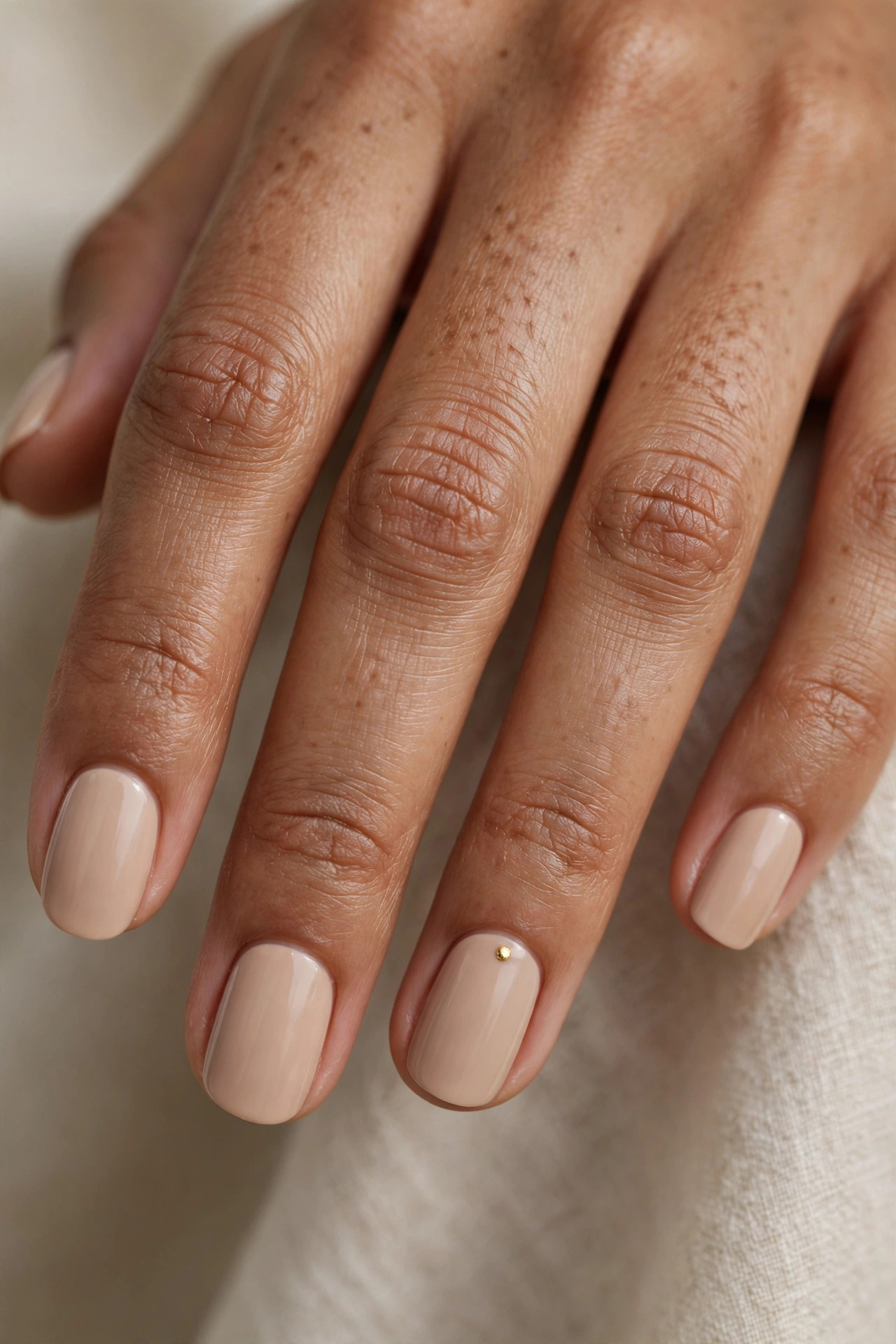Close-up of a manicure with a nude base and a single gold dot accent near the cuticle of the ring finger
