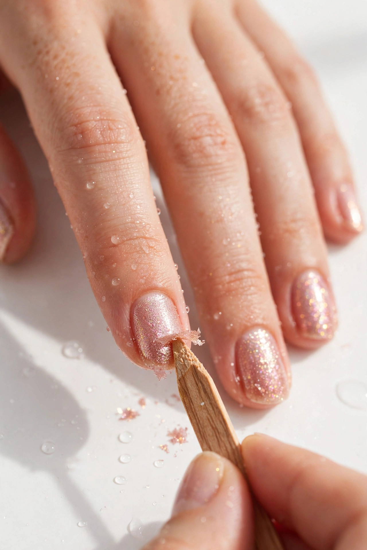 Glitter nail polish being gently pushed off with an orangewood stick after soaking