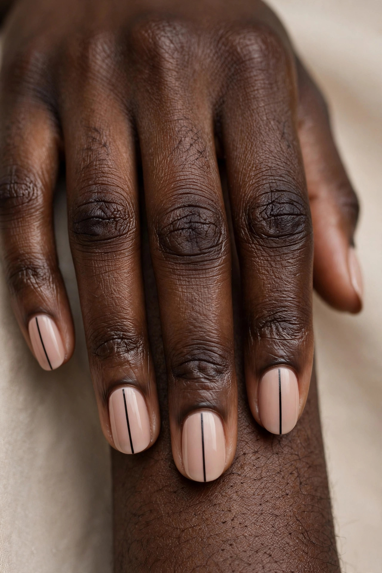 Close-up of nail art showing one thin black vertical line on a nude polished nail