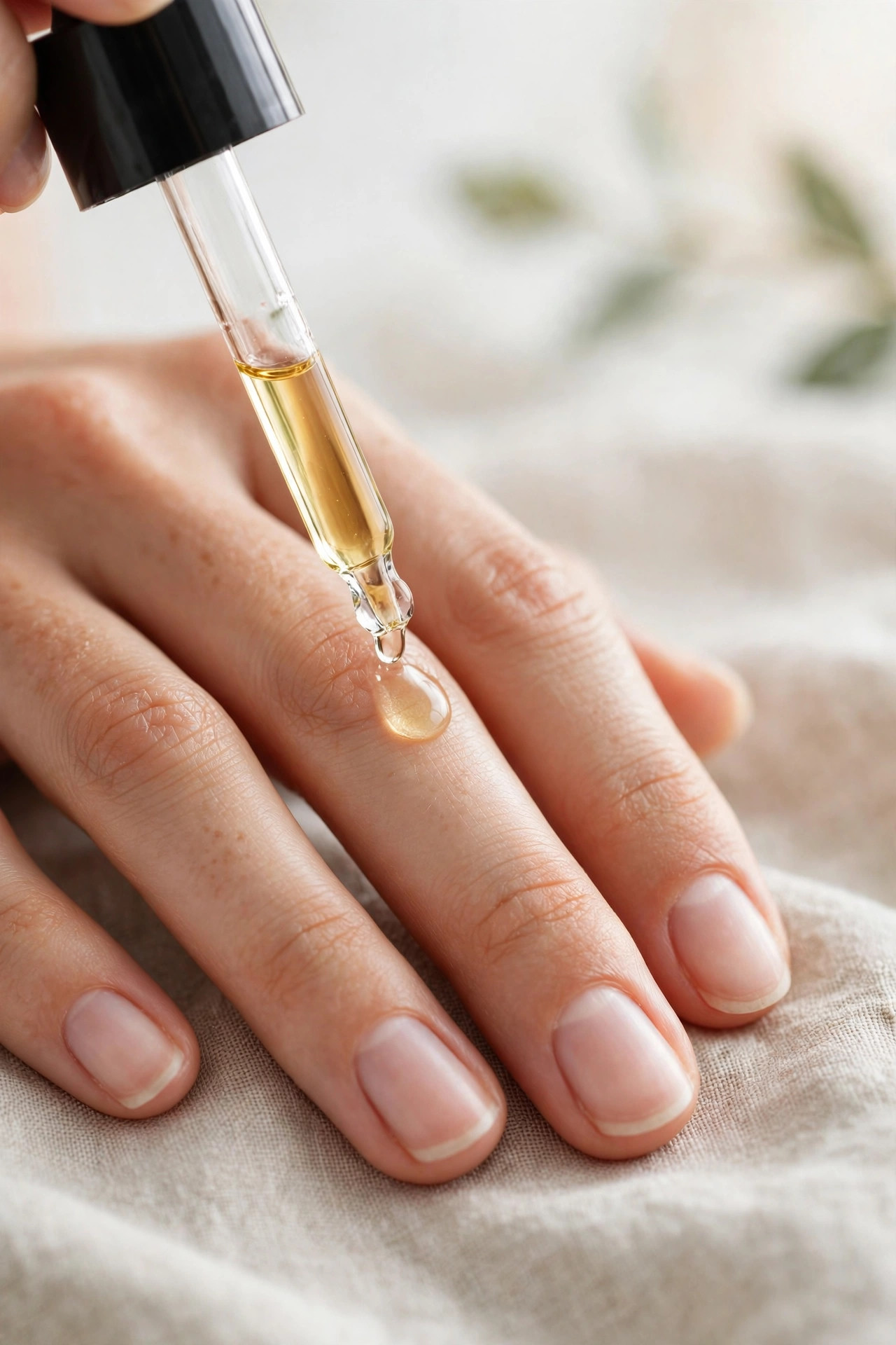 Cuticle oil being applied to bare natural nails after Halloween nail art removal
