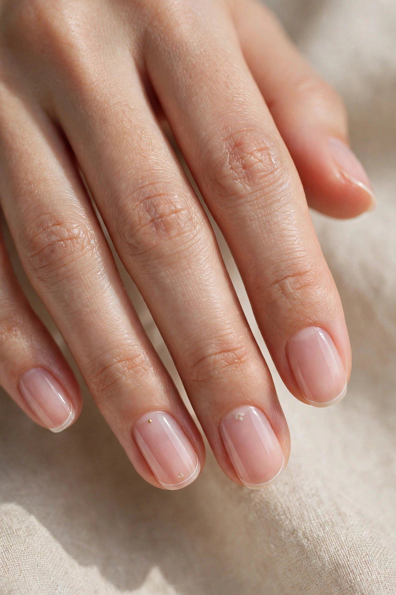 Close-up of a micro French tip manicure with sheer pink base and a thin white line along the nail edge