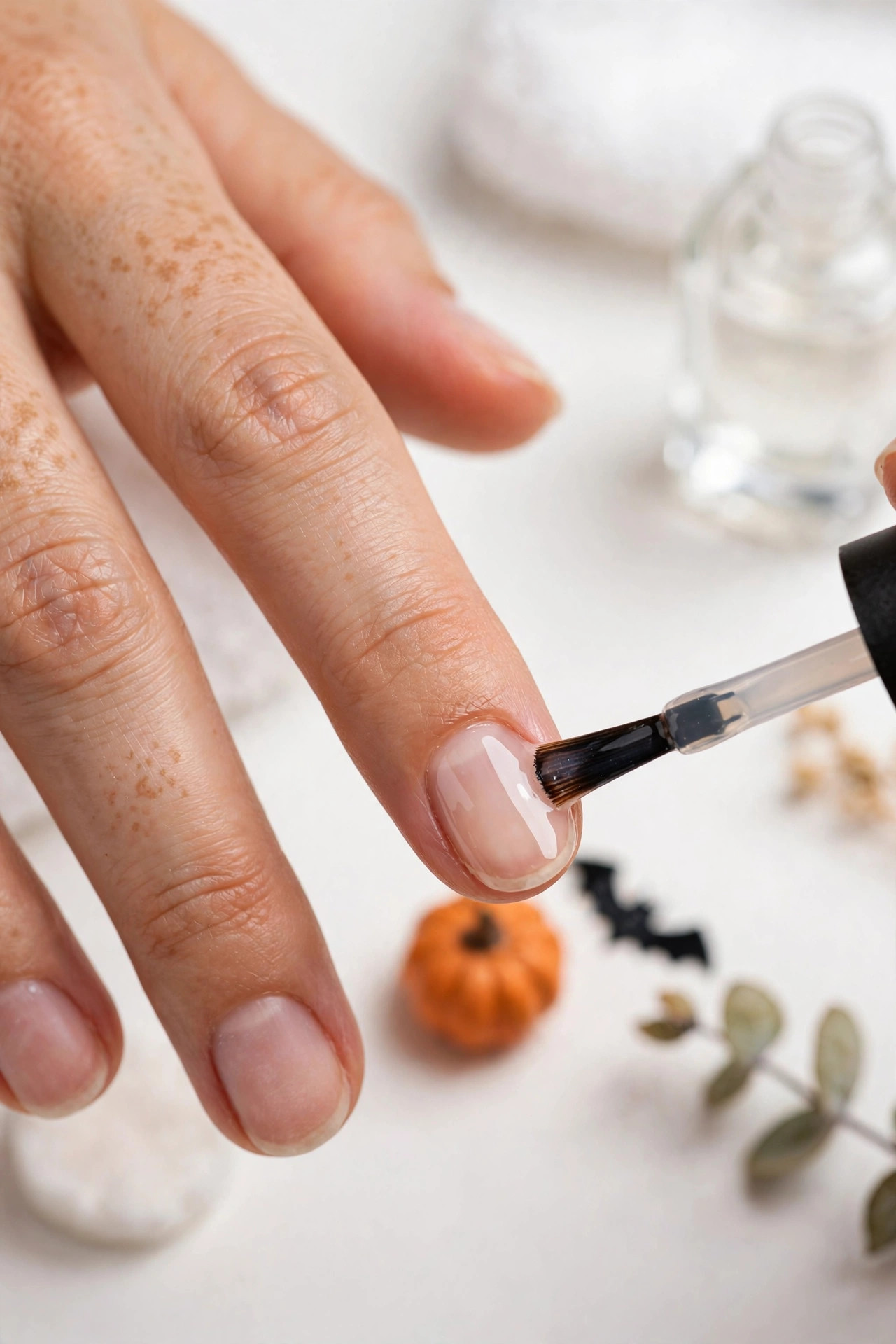 Base coat being applied to a natural nail before Halloween nail art