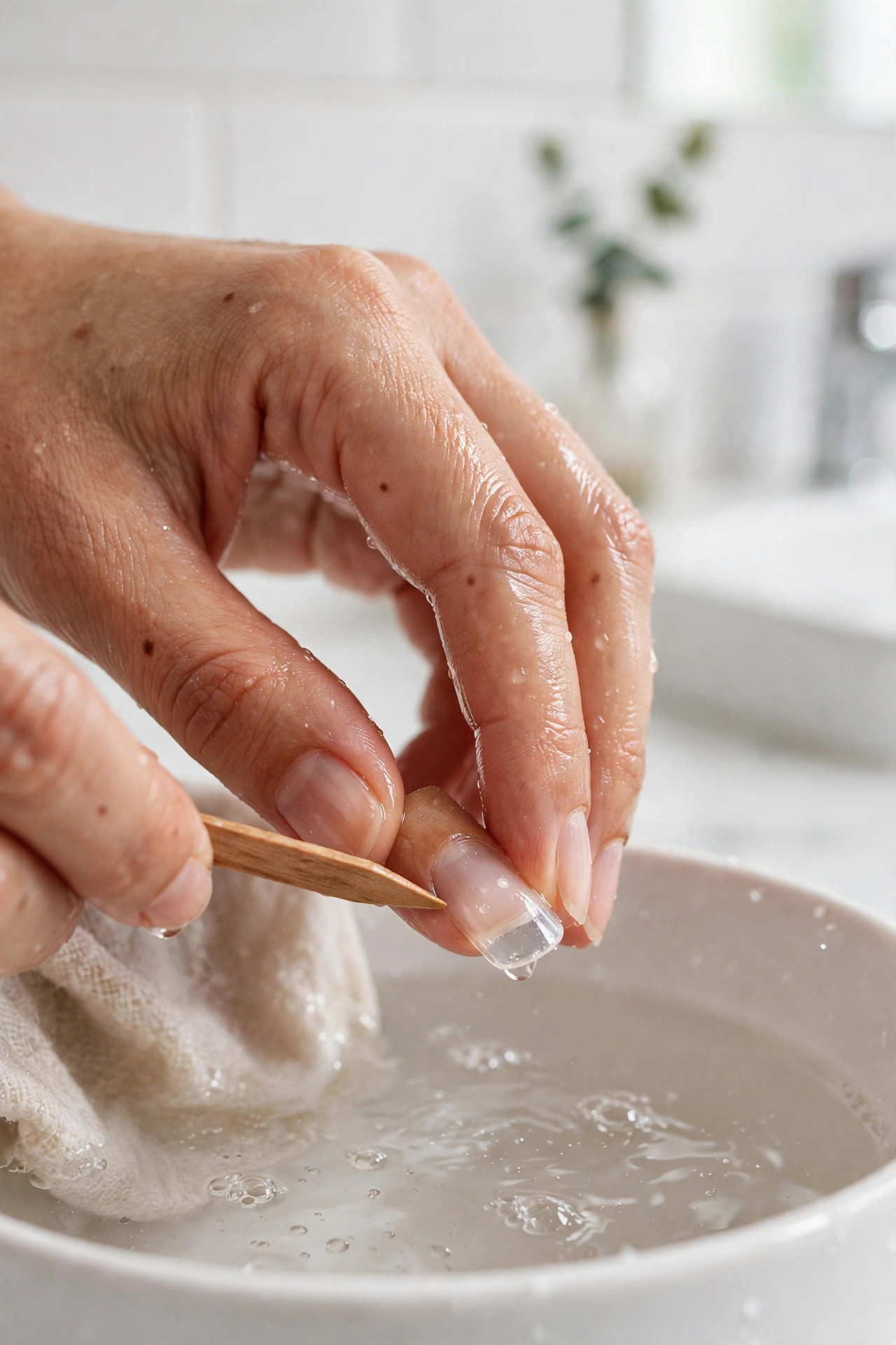 Press-on nail being gently lifted with a wooden stick after warm water soak