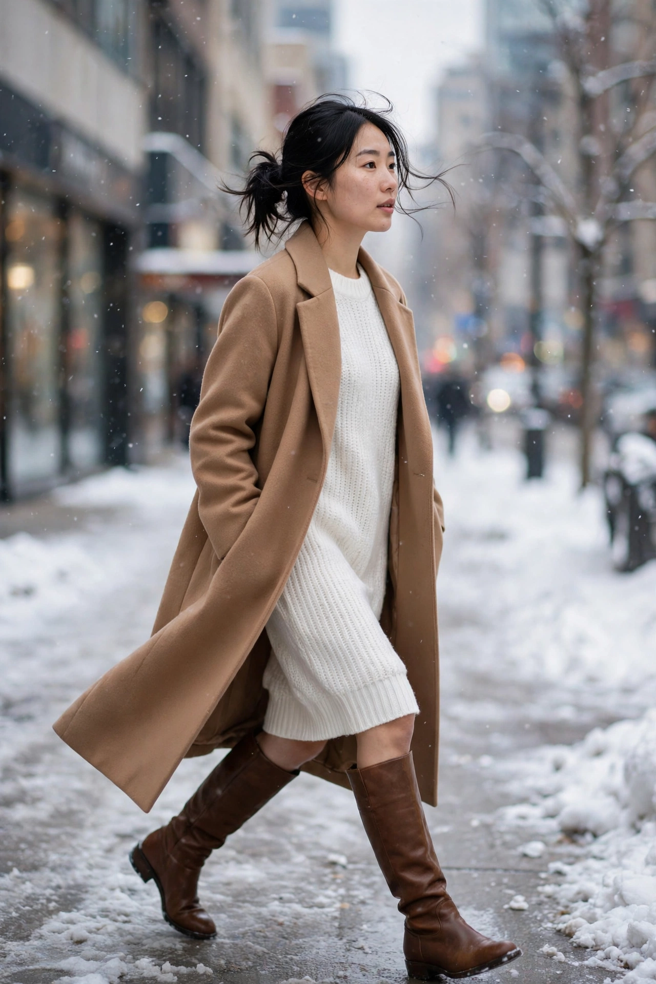 White sweater dress with long camel coat and knee-high boots on snowy sidewalk