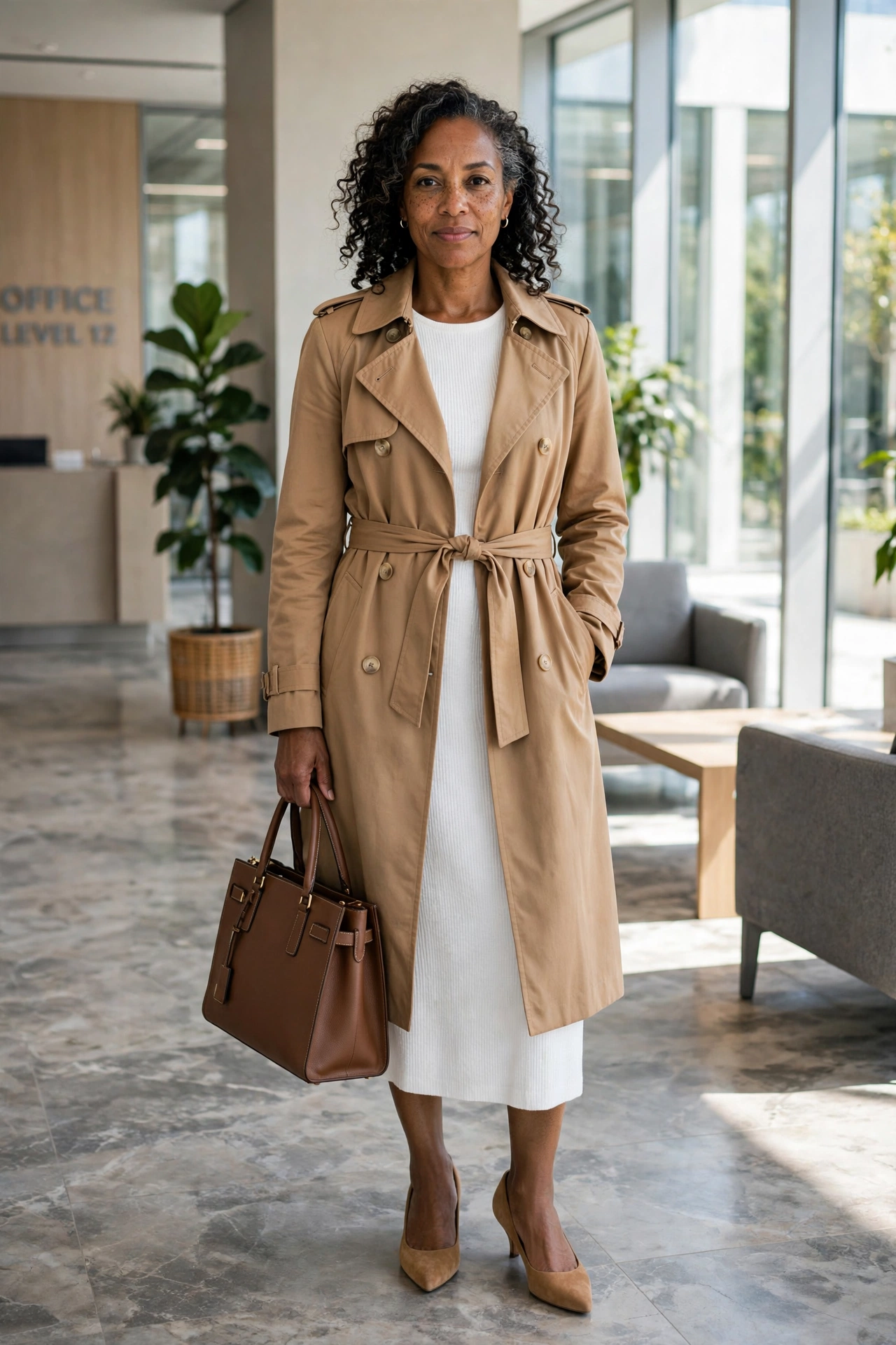 White ponte midi dress with belted camel trench in office lobby