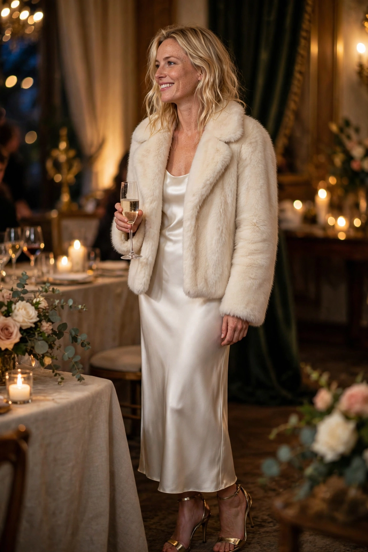 Silky white dress with faux fur jacket at evening event