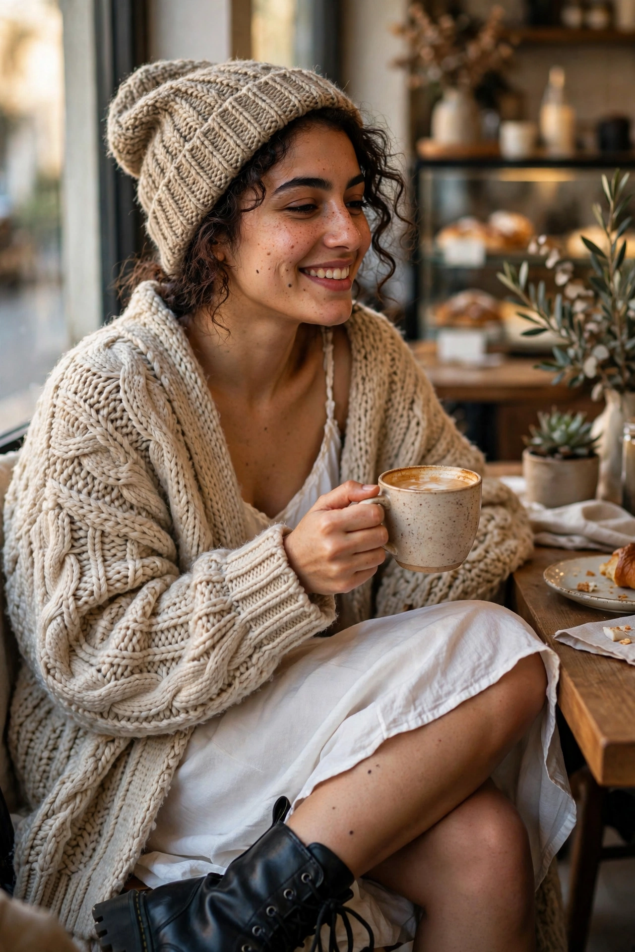 White dress with chunky cardigan and combat boots in cozy cafe