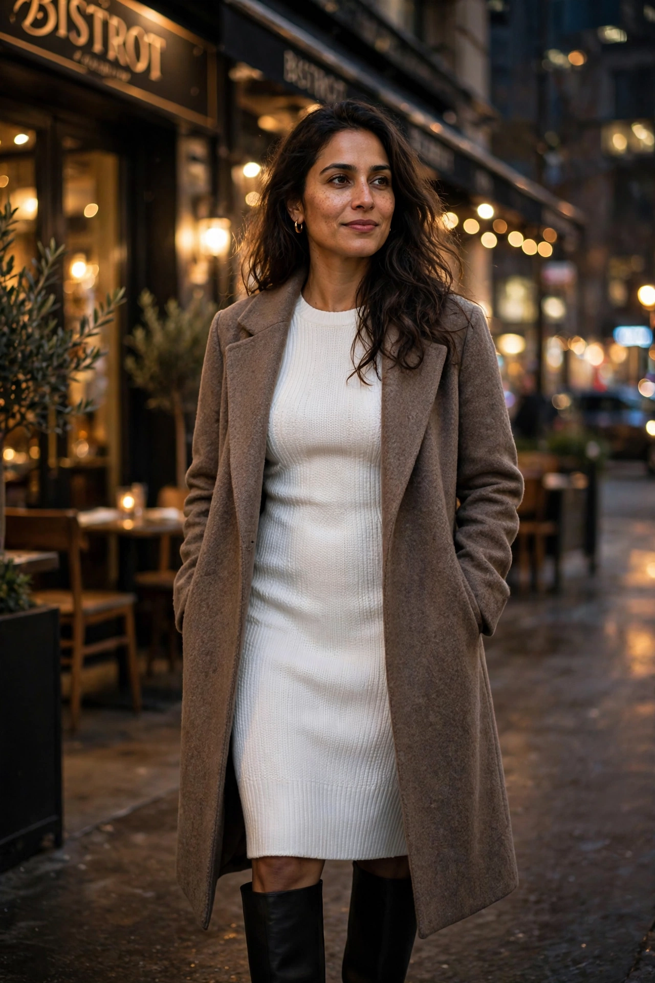 White knit dress with knee boots and long coat outside restaurant at night