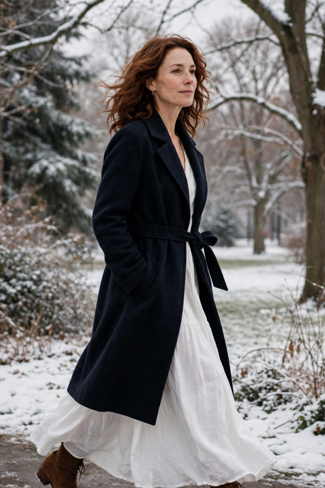 White maxi dress with belted wool coat in winter park